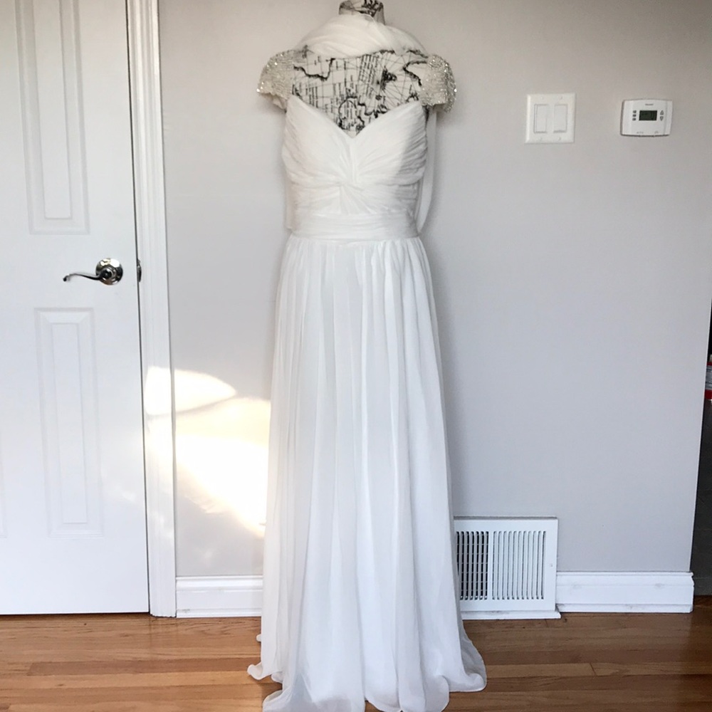 Embellished Draped Pleated Pearl Bead fairy chiffon overlay Wedding Prom Dress M